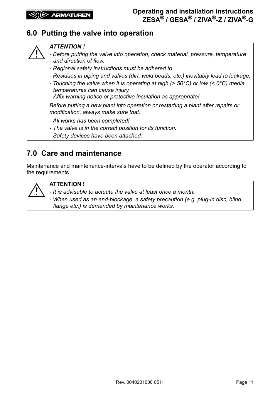 0 putting the valve into operation, 0 care and maintenance | ARI Armaturen BR015-ZIVA-G EN User Manual | Page 11 / 15