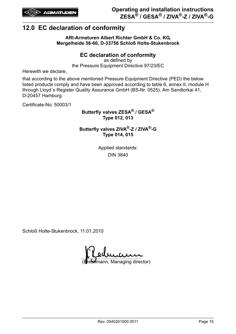 0 ec declaration of conformity | ARI Armaturen BR015-ZIVA-G EN User Manual | Page 15 / 15