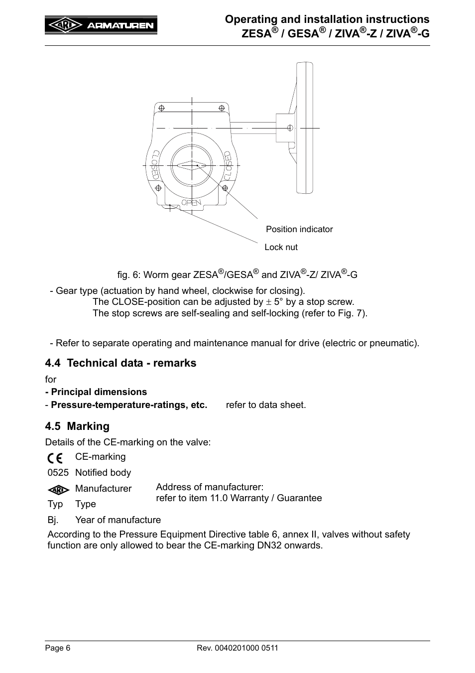 4 technical data - remarks, 5 marking, 4 technical data - remarks 4.5 marking | ARI Armaturen BR015-ZIVA-G EN User Manual | Page 6 / 15