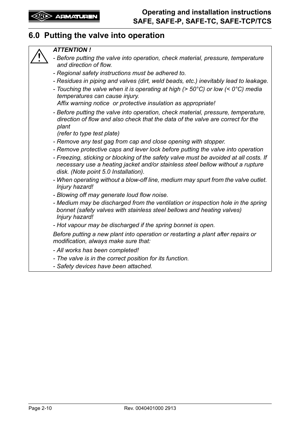 0 putting the valve into operation, 0 putting the valve into operation -10 | ARI Armaturen SAFE-TCP/TCS950 EN User Manual | Page 10 / 18