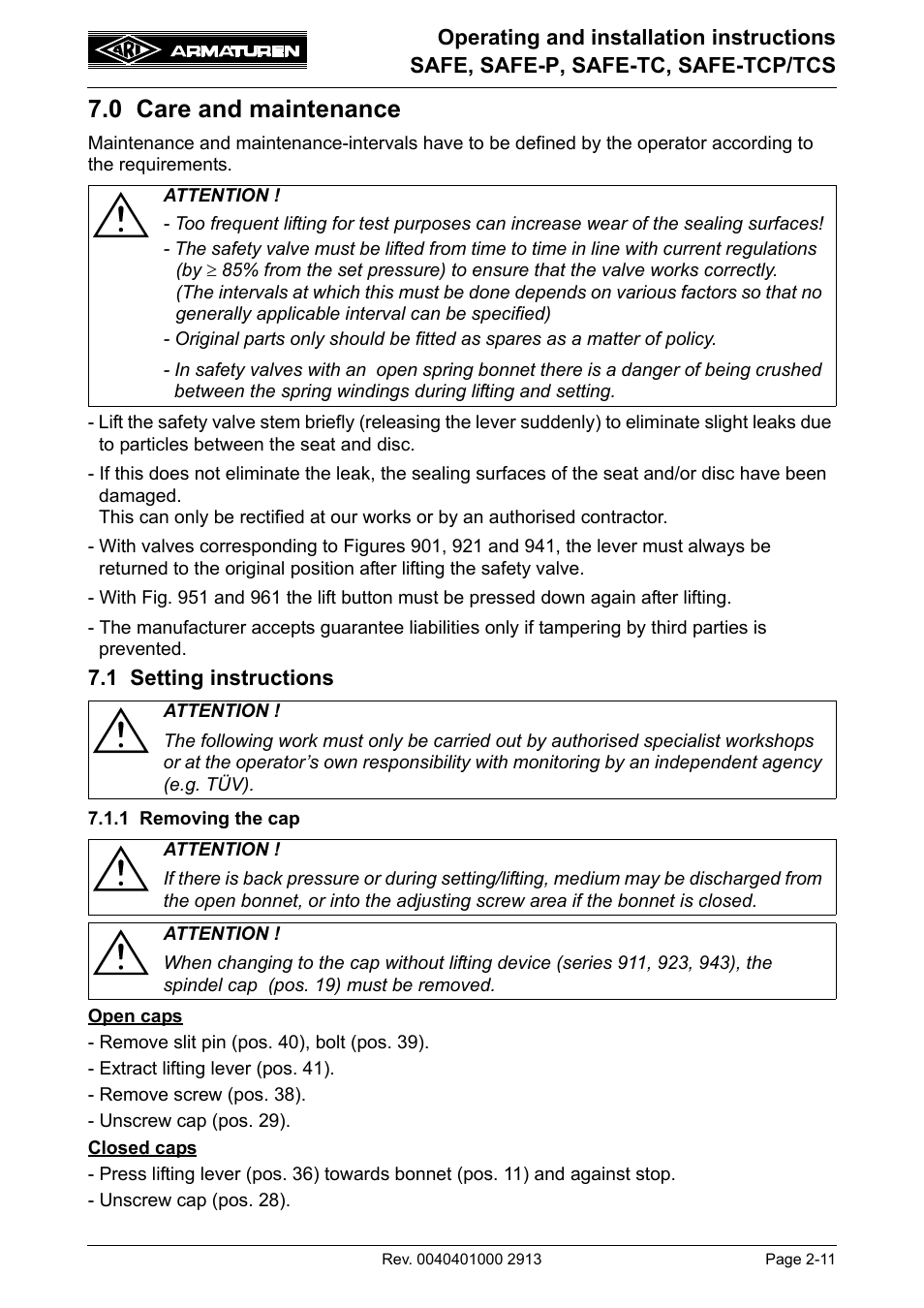 0 care and maintenance, 1 setting instructions, 1 removing the cap | 0 care and maintenance -11, 1 setting instructions -11, 1 removing the cap -11 | ARI Armaturen SAFE-TCP/TCS950 EN User Manual | Page 11 / 18
