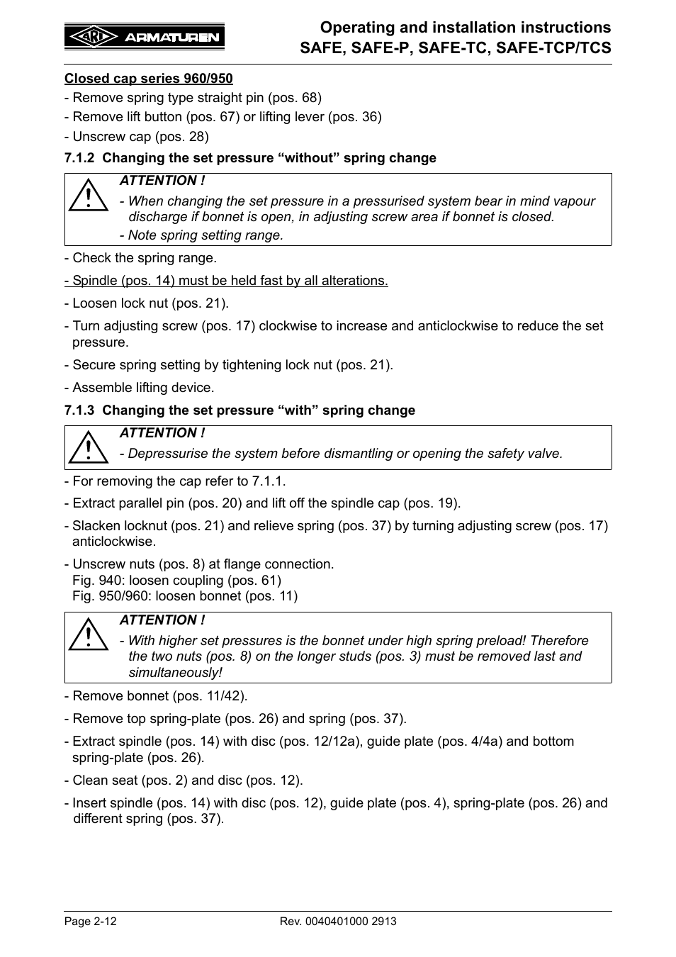 3 changing the set pressure “with” spring change, 2 changing the set pressure “without” spring, Change -12 | 3 changing the set pressure “with” spring | ARI Armaturen SAFE-TCP/TCS950 EN User Manual | Page 12 / 18