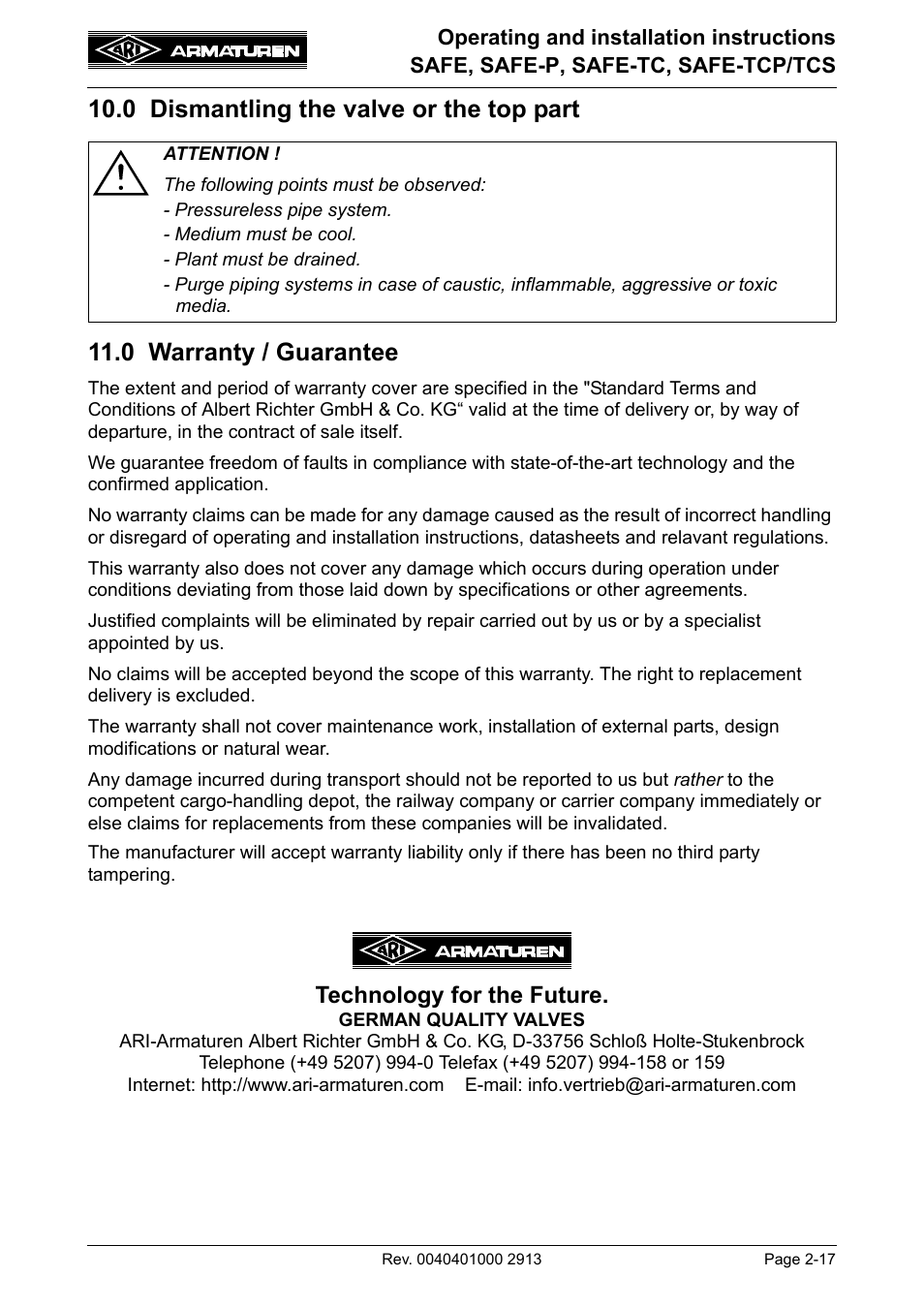 0 dismantling the valve or the top part, 0 warranty / guarantee, Read point 10.0 and 11.0 prior | Technology for the future | ARI Armaturen SAFE-TCP/TCS950 EN User Manual | Page 17 / 18