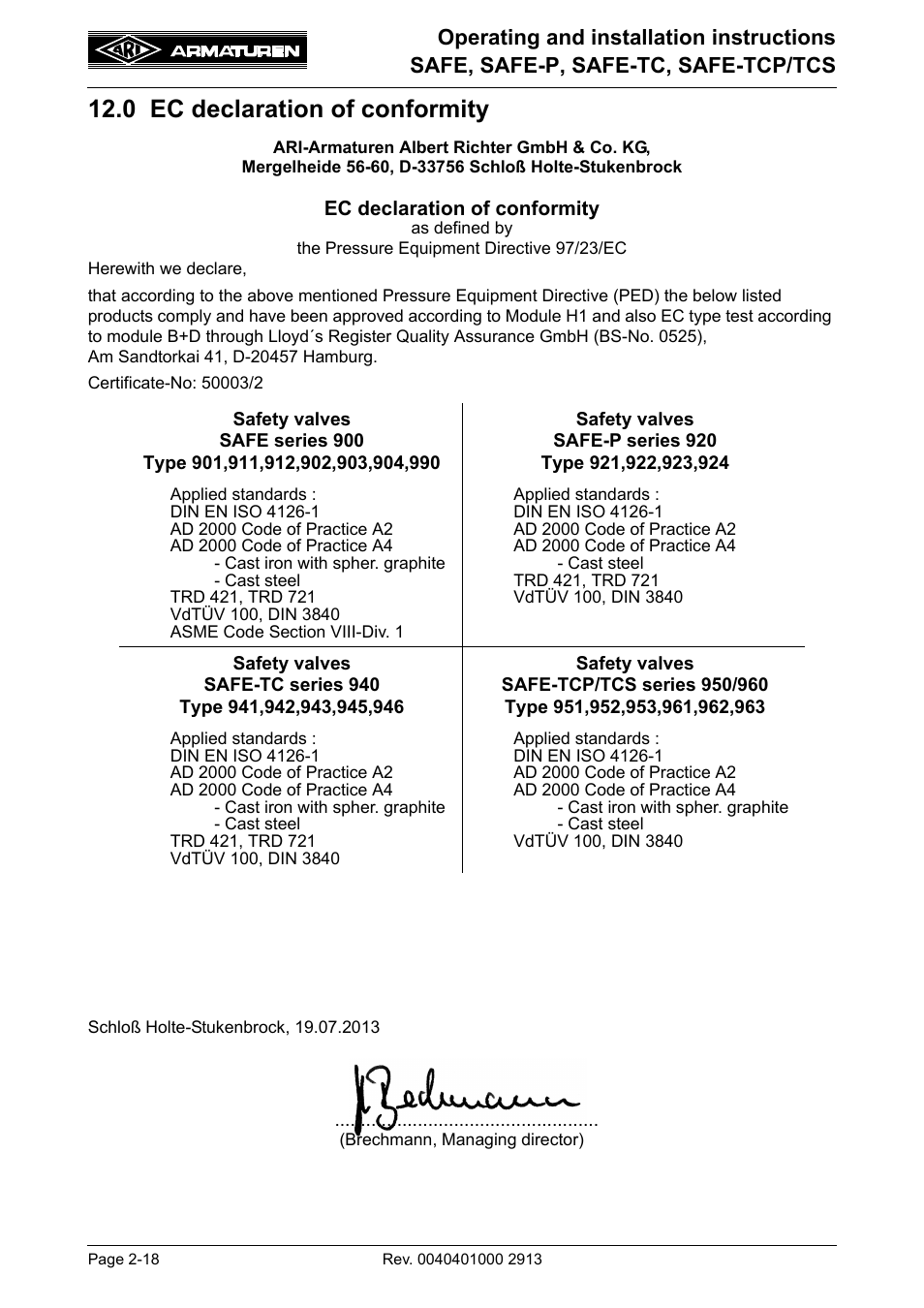 0 ec declaration of conformity, 0 ec declaration of conformity -18 | ARI Armaturen SAFE-TCP/TCS950 EN User Manual | Page 18 / 18