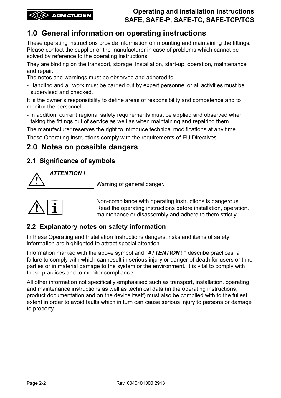 0 general information on operating instructions, 0 notes on possible dangers, 1 significance of symbols | 2 explanatory notes on safety information, 0 general information on operating, Instructions -2, 0 notes on possible dangers -2 | ARI Armaturen SAFE-TCP/TCS950 EN User Manual | Page 2 / 18