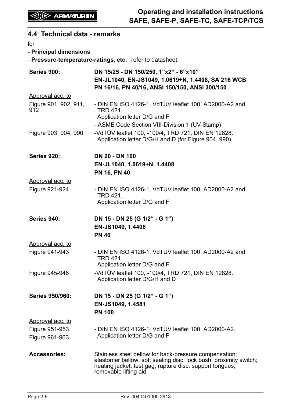 4 technical data - remarks, 4 technical data - remarks -6 | ARI Armaturen SAFE-TCP/TCS950 EN User Manual | Page 6 / 18