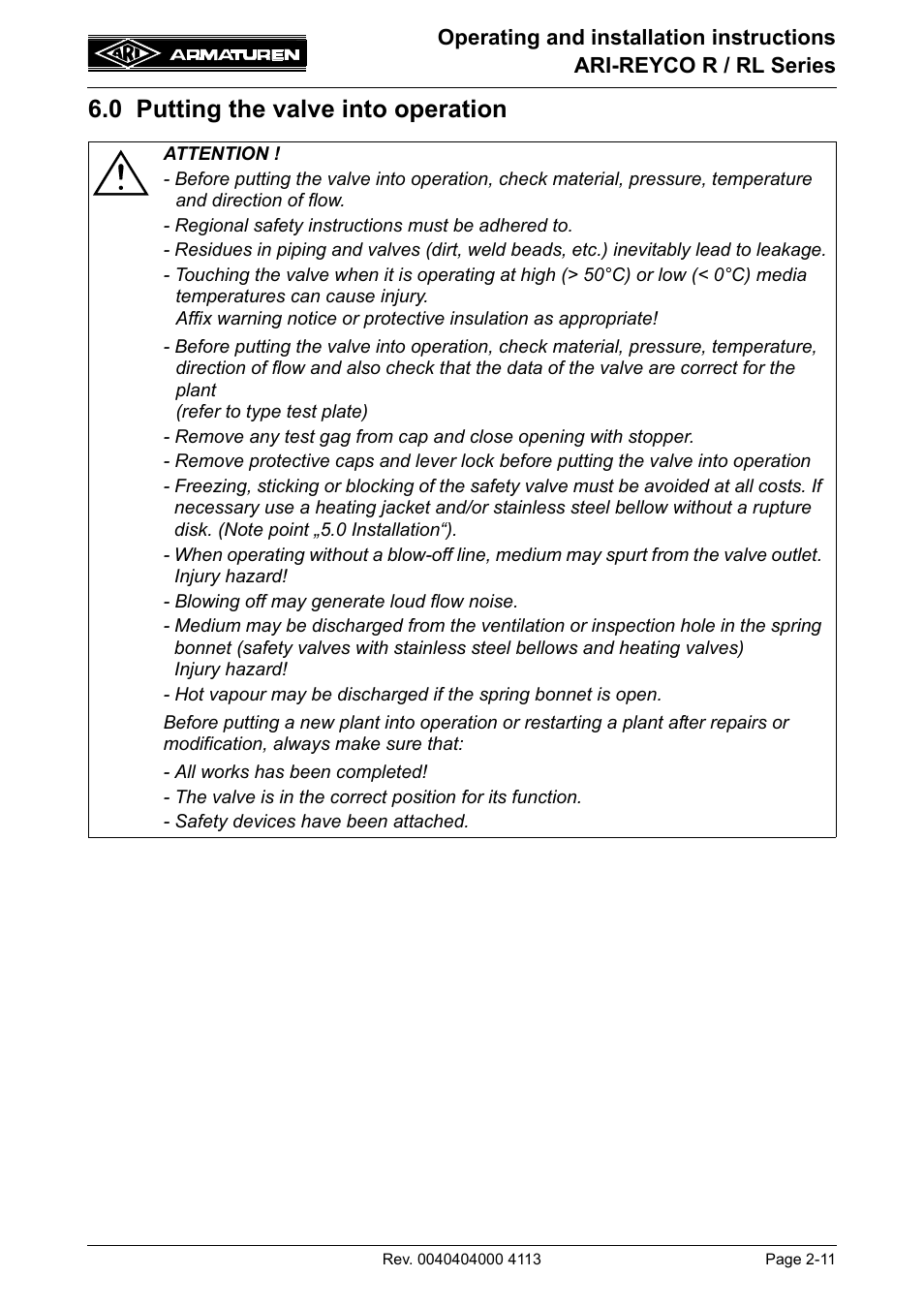 0 putting the valve into operation, 0 putting the valve into operation -11 | ARI Armaturen ARI REYCO RL969 EN User Manual | Page 11 / 18