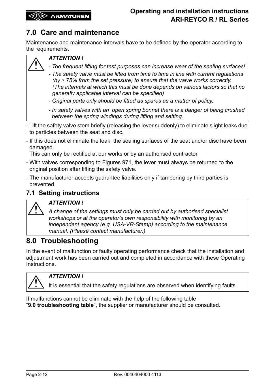 0 care and maintenance, 1 setting instructions, 0 troubleshooting | 0 care and maintenance -12, 1 setting instructions -12, 0 troubleshooting -12 | ARI Armaturen ARI REYCO RL969 EN User Manual | Page 12 / 18