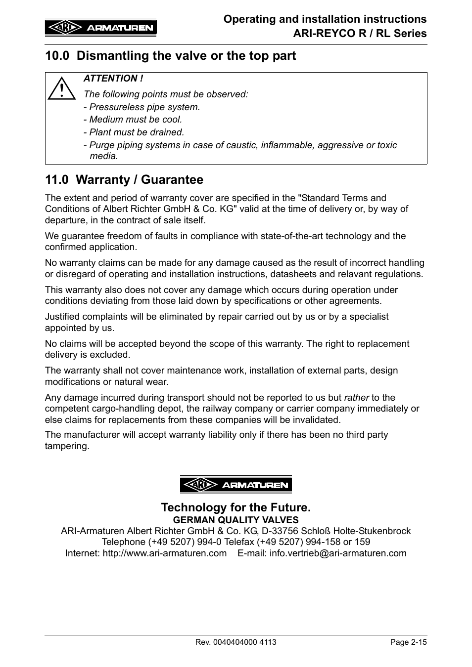 0 dismantling the valve or the top part, 0 warranty / guarantee, Read point 10.0 and 11.0 prior | Technology for the future | ARI Armaturen ARI REYCO RL969 EN User Manual | Page 15 / 18