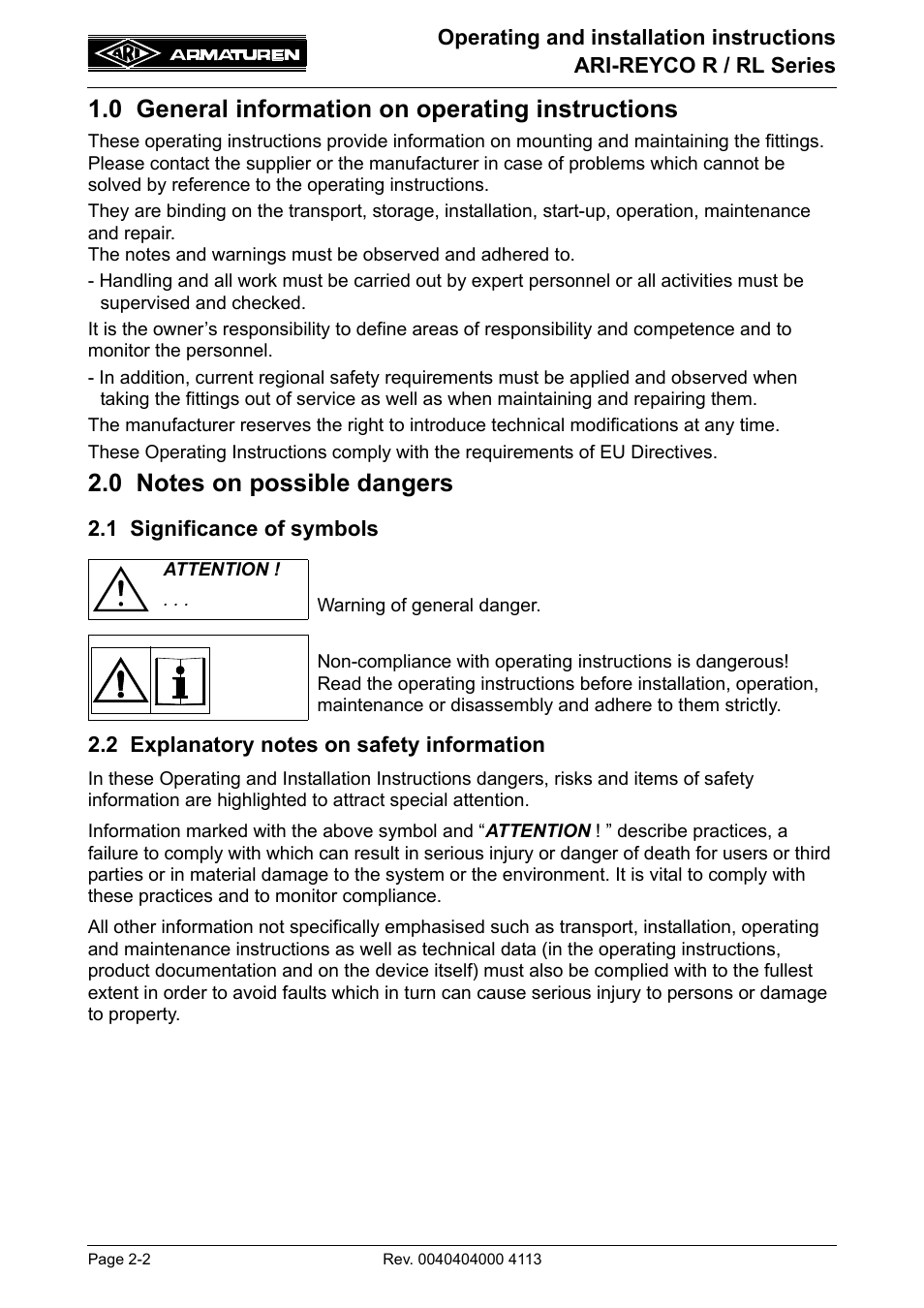 0 general information on operating instructions, 0 notes on possible dangers, 1 significance of symbols | 2 explanatory notes on safety information, 0 general information on operating, Instructions -2, 0 notes on possible dangers -2 | ARI Armaturen ARI REYCO RL969 EN User Manual | Page 2 / 18
