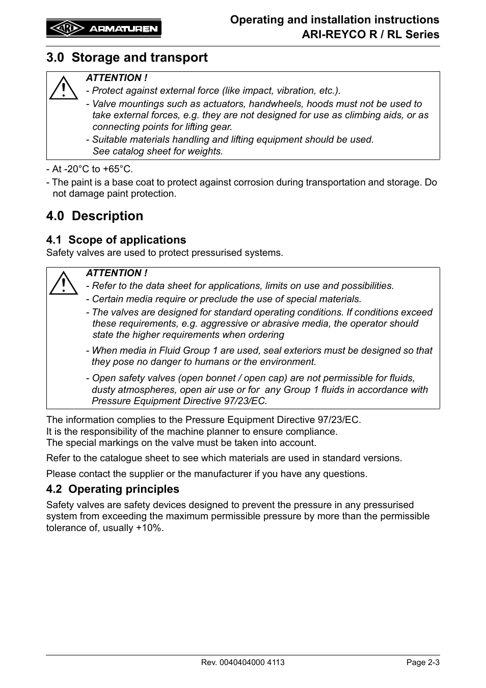 0 storage and transport, 0 description, 1 scope of applications | 2 operating principles, 0 storage and transport -3 4.0 description -3 | ARI Armaturen ARI REYCO RL969 EN User Manual | Page 3 / 18