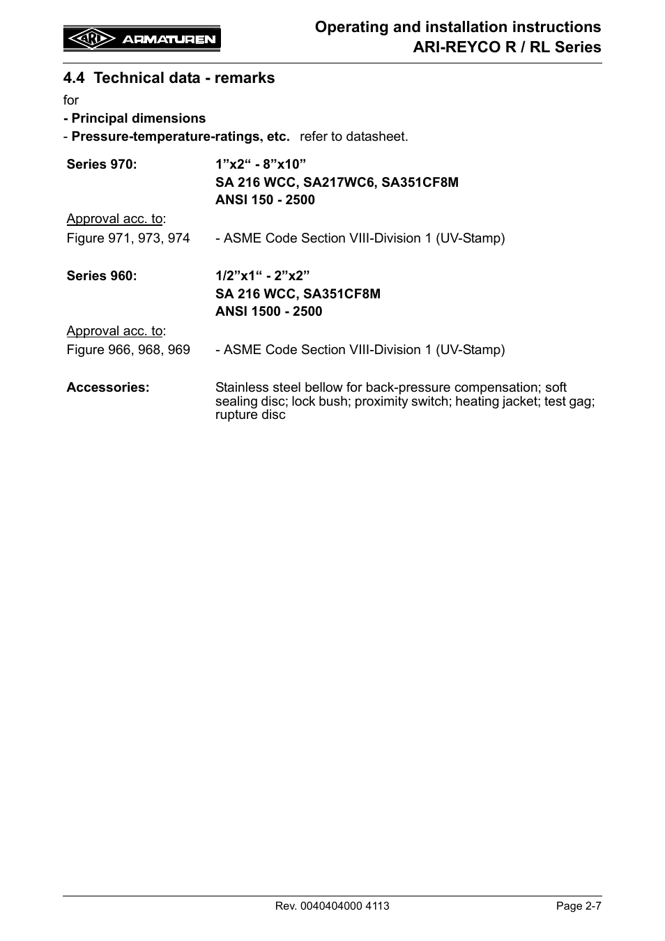 4 technical data - remarks, 4 technical data - remarks -7 | ARI Armaturen ARI REYCO RL969 EN User Manual | Page 7 / 18