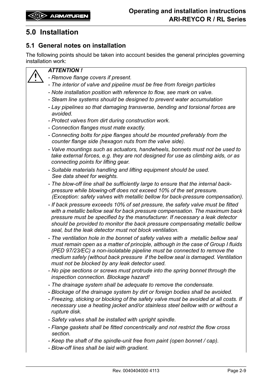 0 installation, 1 general notes on installation, 0 installation -9 | 1 general notes on installation -9 | ARI Armaturen ARI REYCO RL969 EN User Manual | Page 9 / 18