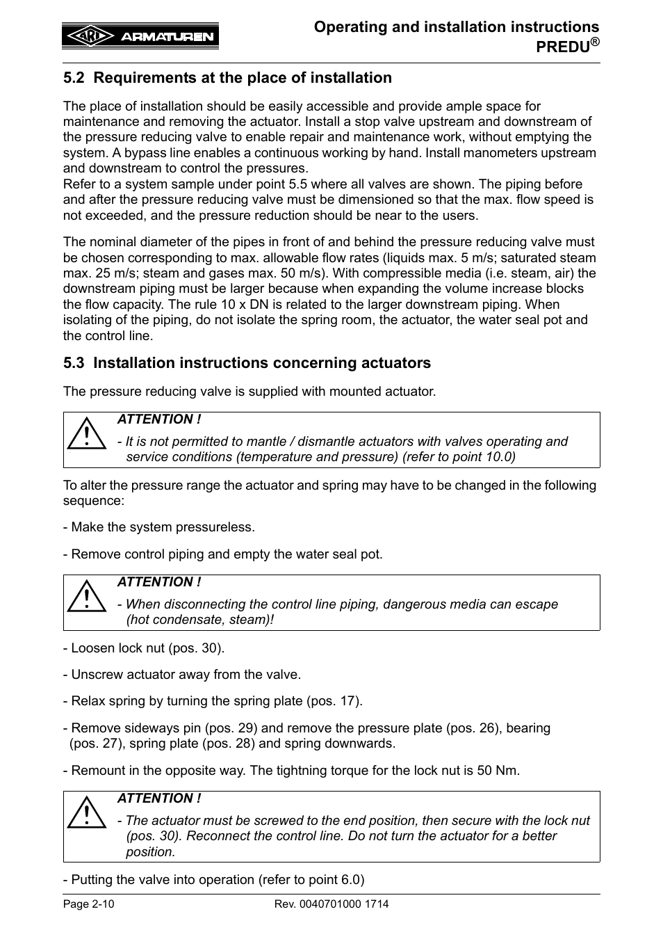 2 requirements at the place of installation, 3 installation instructions concerning actuators, Operating and installation instructions predu | ARI Armaturen PREDU 700 EN User Manual | Page 10 / 17