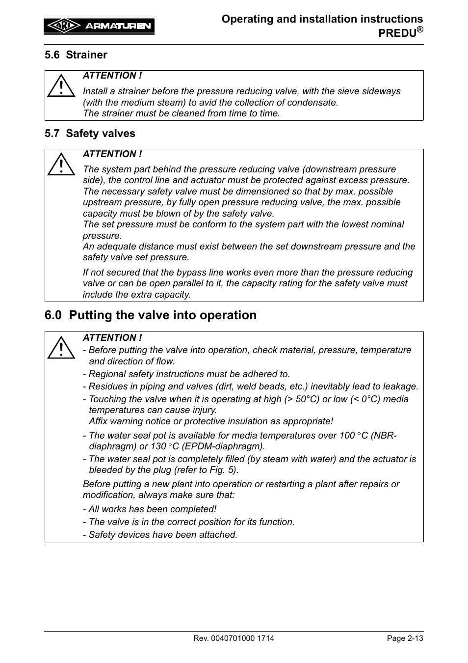 6 strainer, 7 safety valves, 0 putting the valve into operation | Operating and installation instructions predu, 6 strainer 5.7 safety valves | ARI Armaturen PREDU 700 EN User Manual | Page 13 / 17