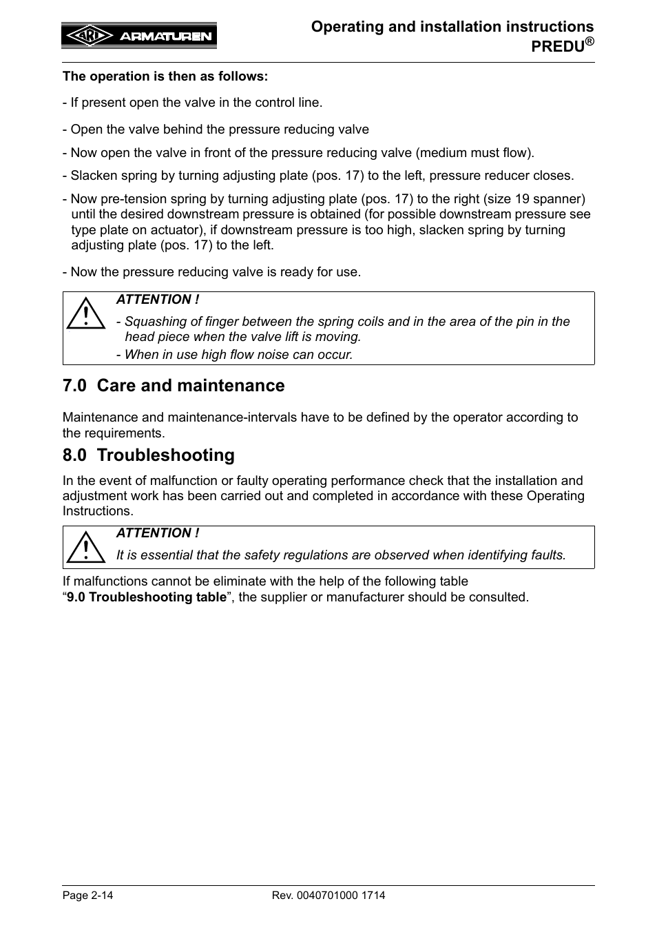 0 care and maintenance, 0 troubleshooting | ARI Armaturen PREDU 700 EN User Manual | Page 14 / 17