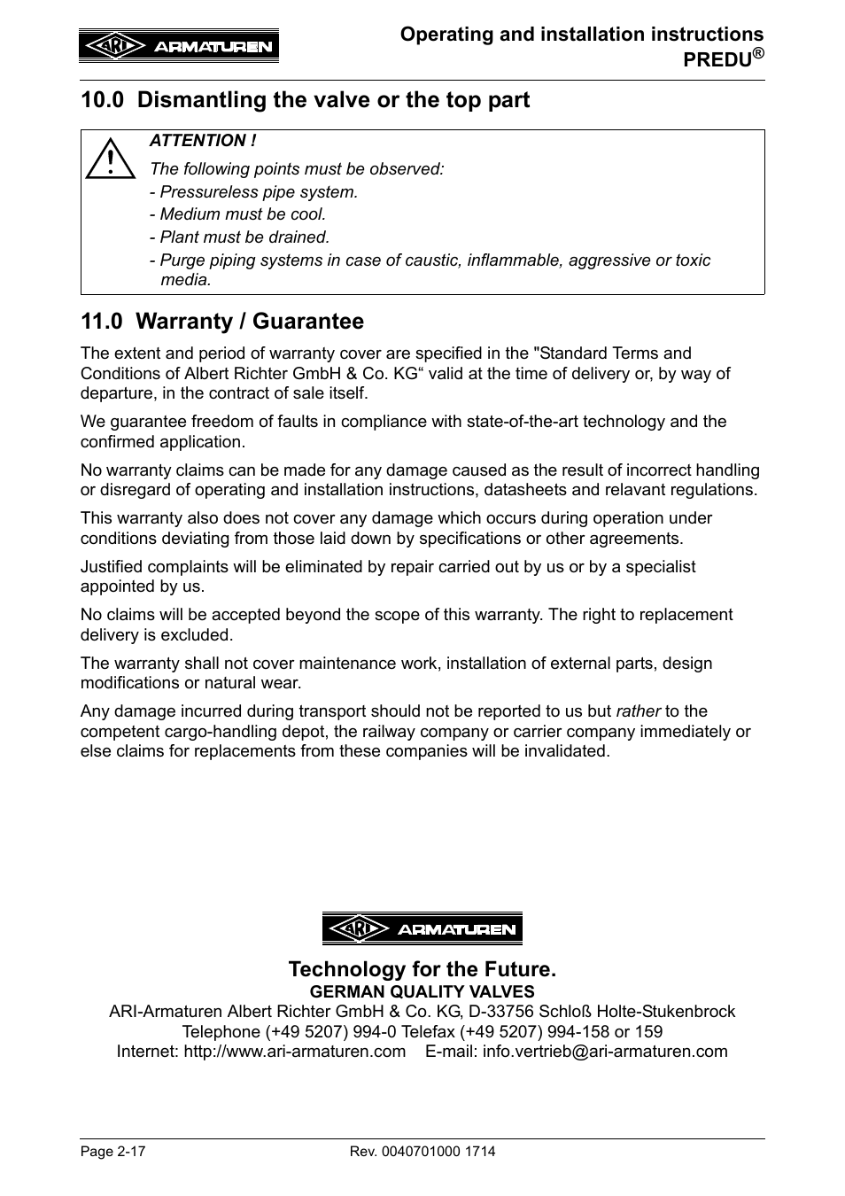 0 dismantling the valve or the top part, 0 warranty / guarantee, Technology for the future | ARI Armaturen PREDU 700 EN User Manual | Page 17 / 17