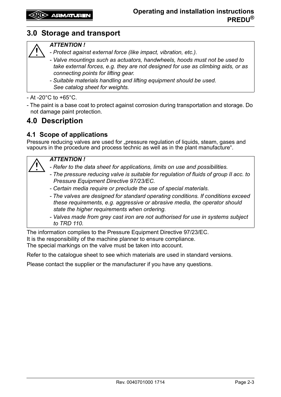 0 storage and transport, 0 description, 1 scope of applications | ARI Armaturen PREDU 700 EN User Manual | Page 3 / 17