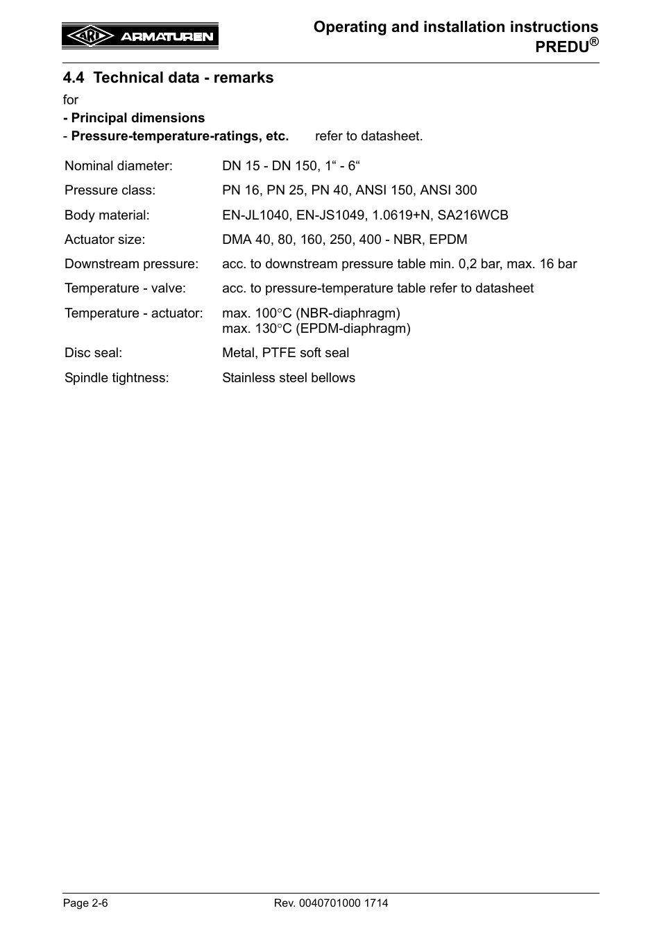 4 technical data - remarks | ARI Armaturen PREDU 700 EN User Manual | Page 6 / 17