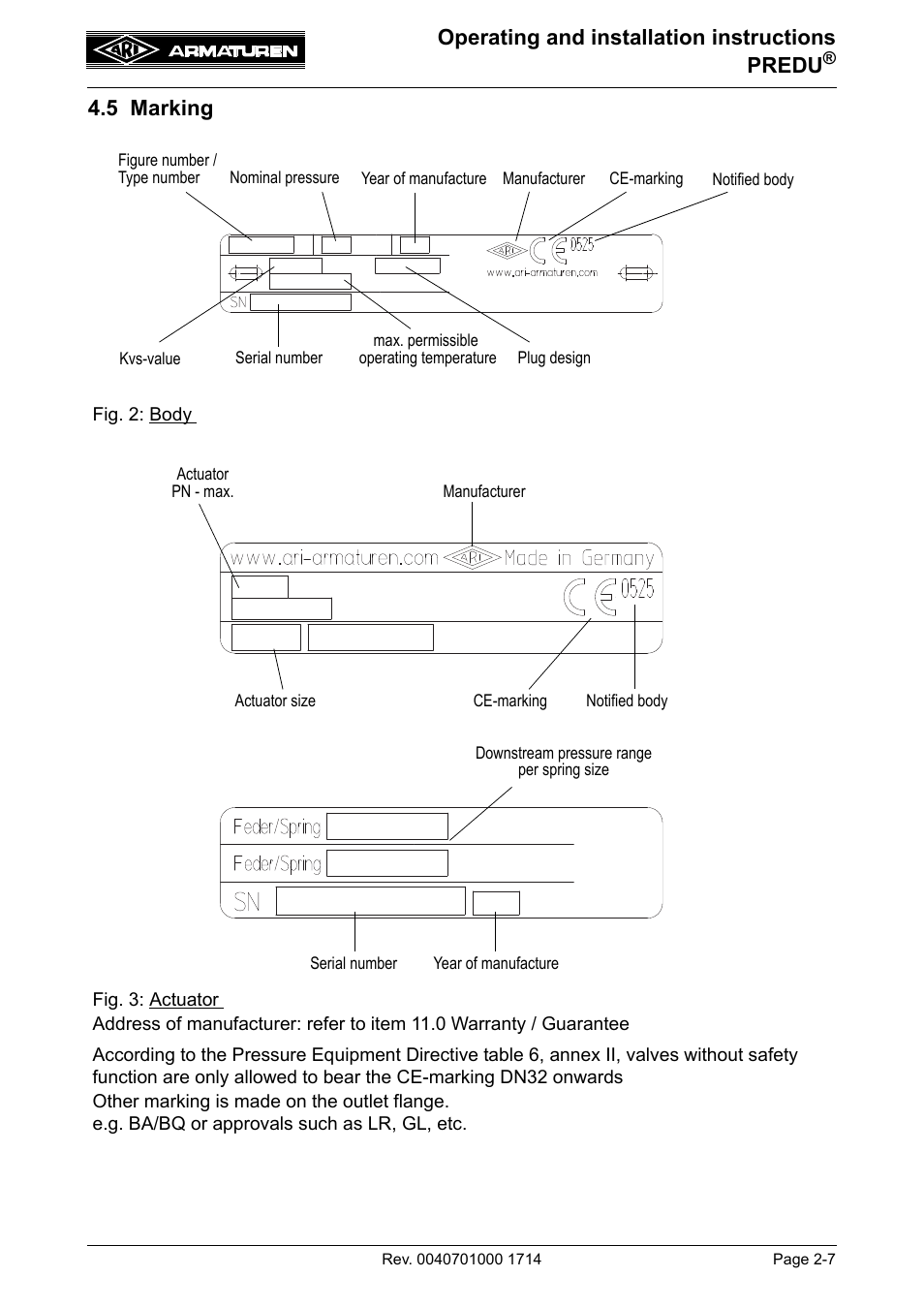 5 marking, Operating and installation instructions predu | ARI Armaturen PREDU 700 EN User Manual | Page 7 / 17