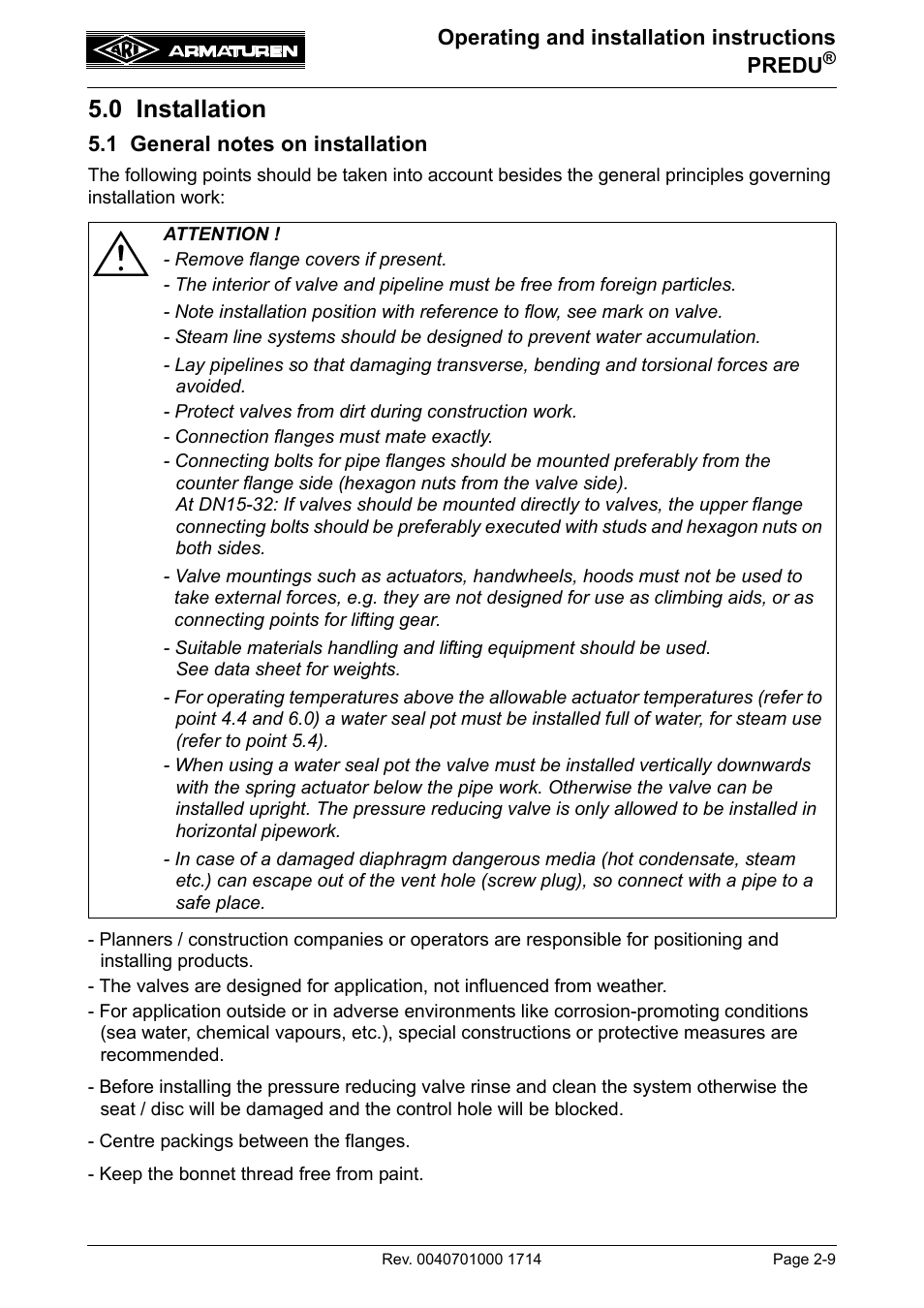 0 installation, 1 general notes on installation | ARI Armaturen PREDU 700 EN User Manual | Page 9 / 17