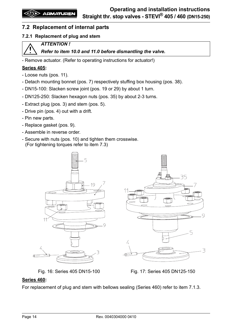 2 replacement of internal parts, 1 replacment of plug and stem | ARI Armaturen STEVI 460 DN 15-250 EN User Manual | Page 14 / 18