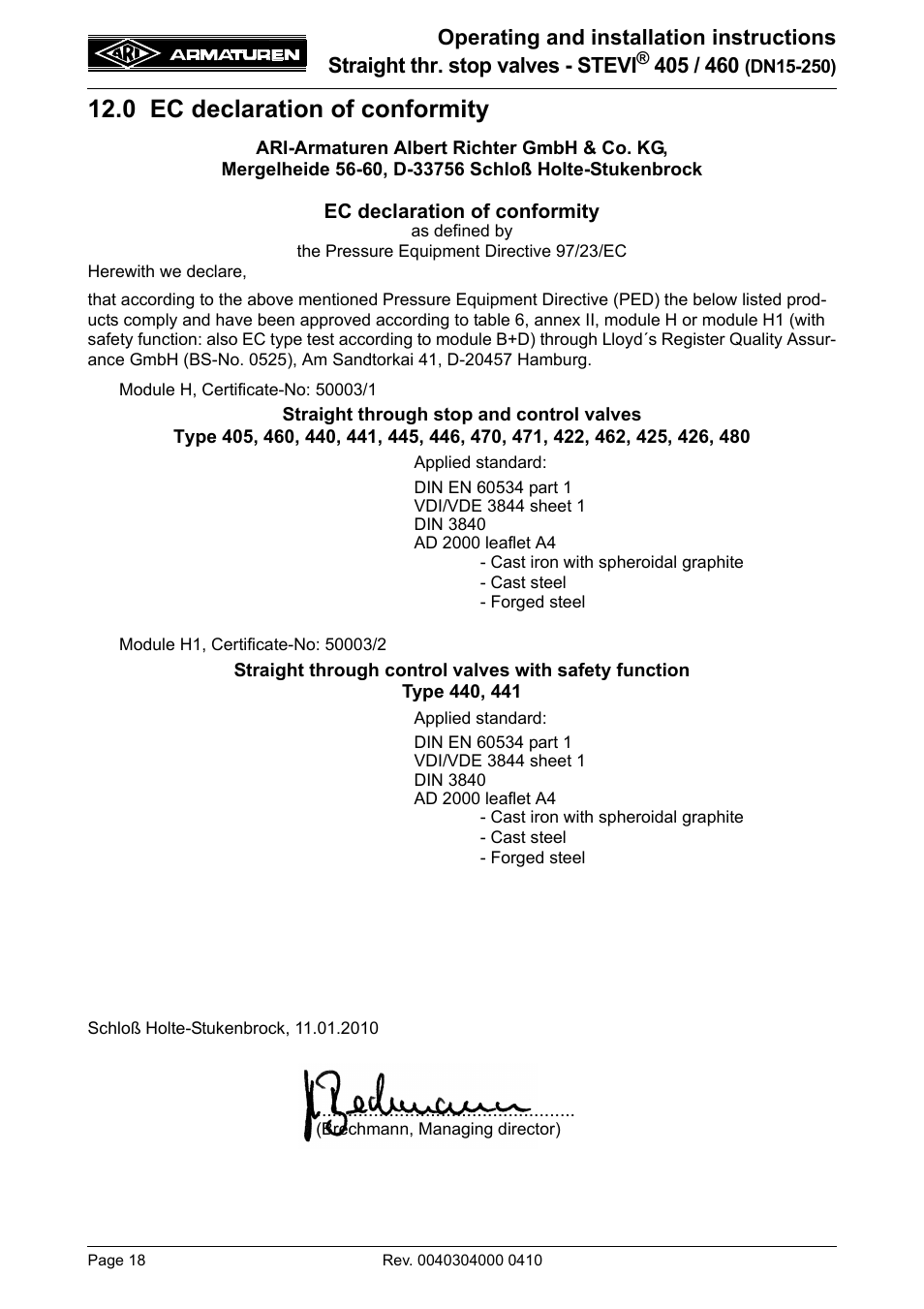 0 ec declaration of conformity | ARI Armaturen STEVI 460 DN 15-250 EN User Manual | Page 18 / 18