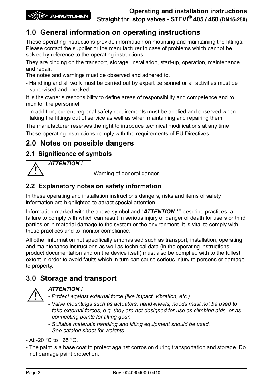 0 general information on operating instructions, 0 notes on possible dangers, 1 significance of symbols | 2 explanatory notes on safety information, 0 storage and transport, 0 general information on operating, Instructions | ARI Armaturen STEVI 460 DN 15-250 EN User Manual | Page 2 / 18