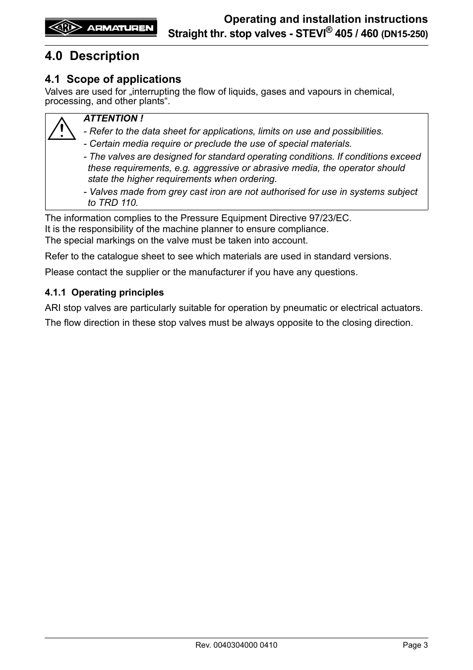 0 description, 1 scope of applications, 1 operating principles | ARI Armaturen STEVI 460 DN 15-250 EN User Manual | Page 3 / 18