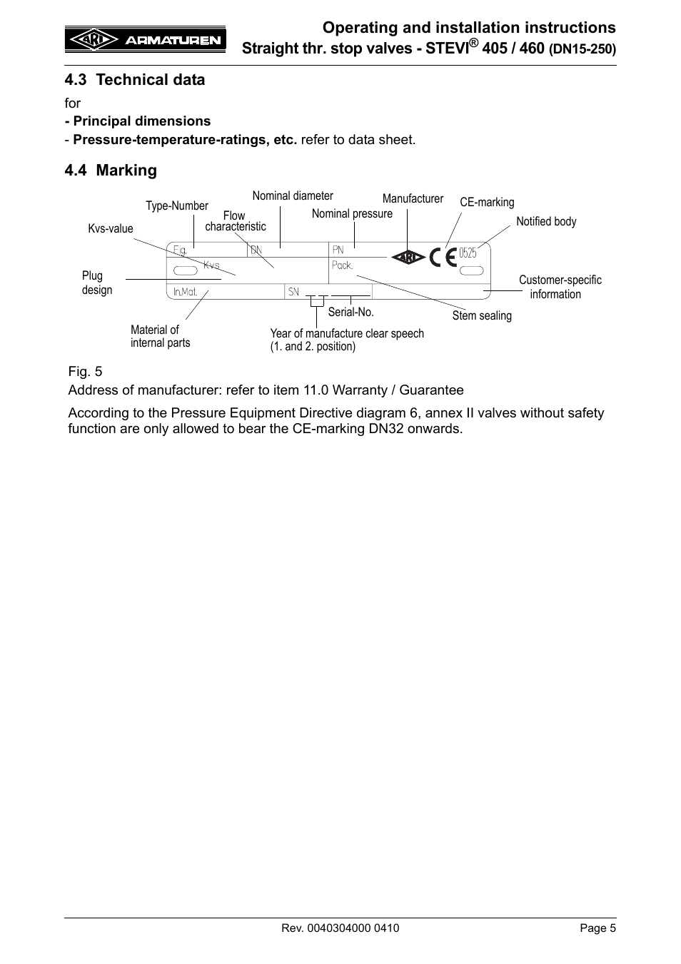 3 technical data, 4 marking, 3 technical data 4.4 marking | ARI Armaturen STEVI 460 DN 15-250 EN User Manual | Page 5 / 18