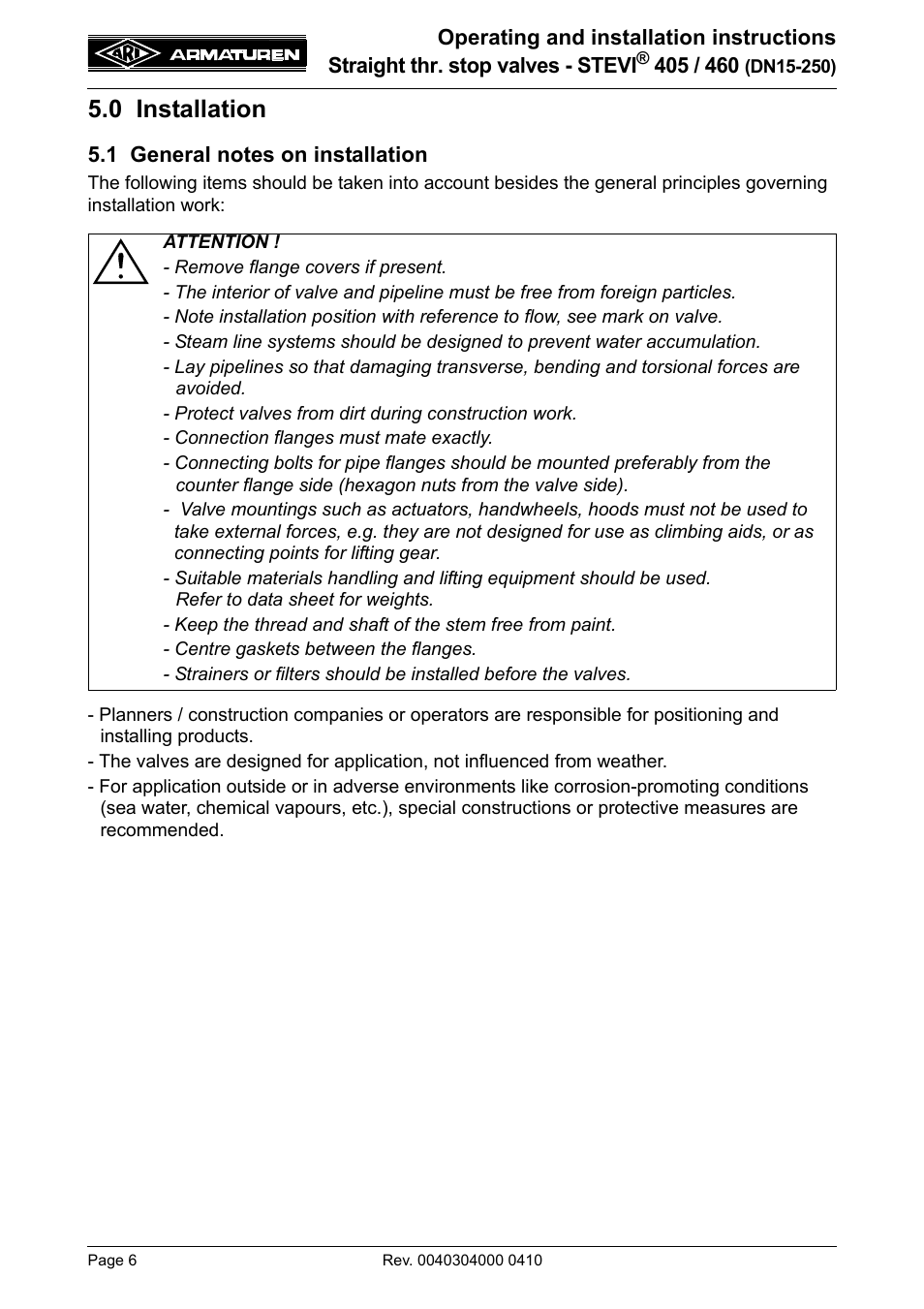 0 installation, 1 general notes on installation | ARI Armaturen STEVI 460 DN 15-250 EN User Manual | Page 6 / 18