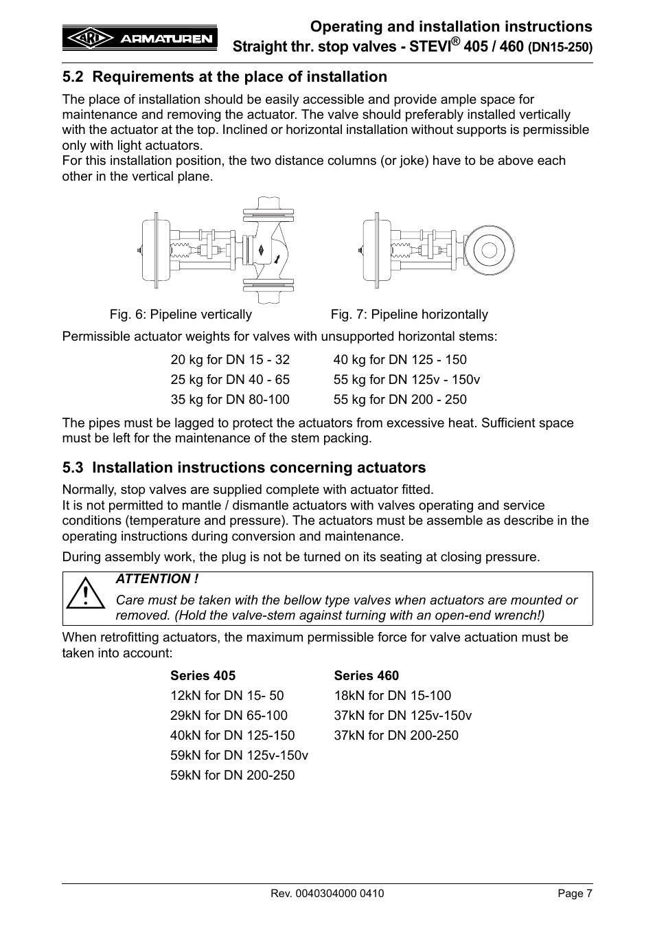 2 requirements at the place of installation, 3 installation instructions concerning actuators | ARI Armaturen STEVI 460 DN 15-250 EN User Manual | Page 7 / 18