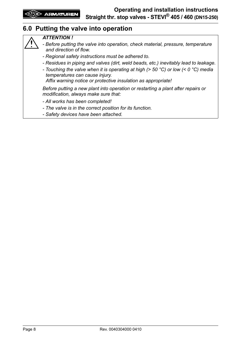0 putting the valve into operation | ARI Armaturen STEVI 460 DN 15-250 EN User Manual | Page 8 / 18