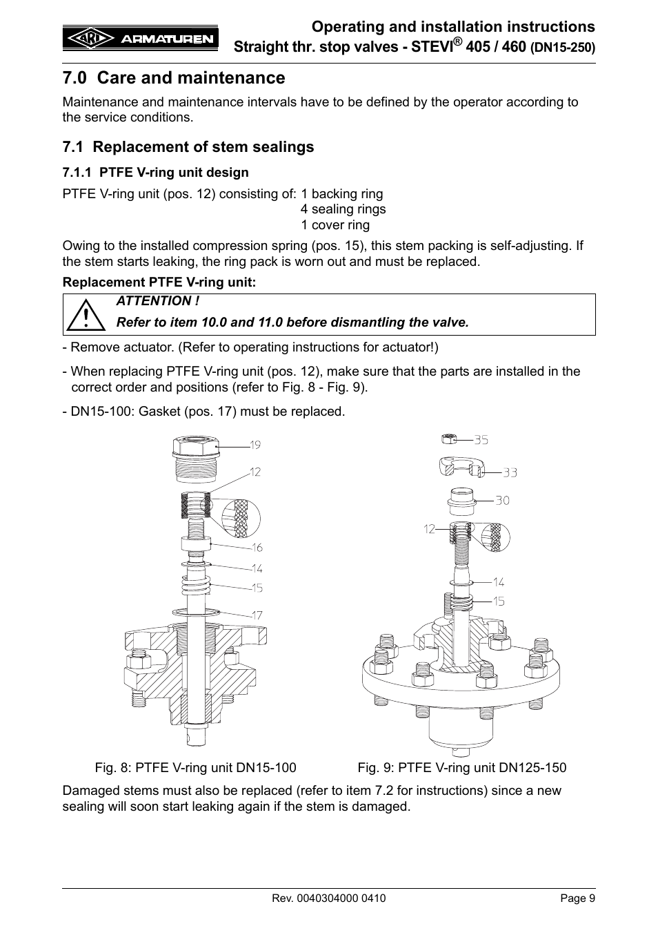 0 care and maintenance, 1 replacement of stem sealings, 1 ptfe v-ring unit design | ARI Armaturen STEVI 460 DN 15-250 EN User Manual | Page 9 / 18