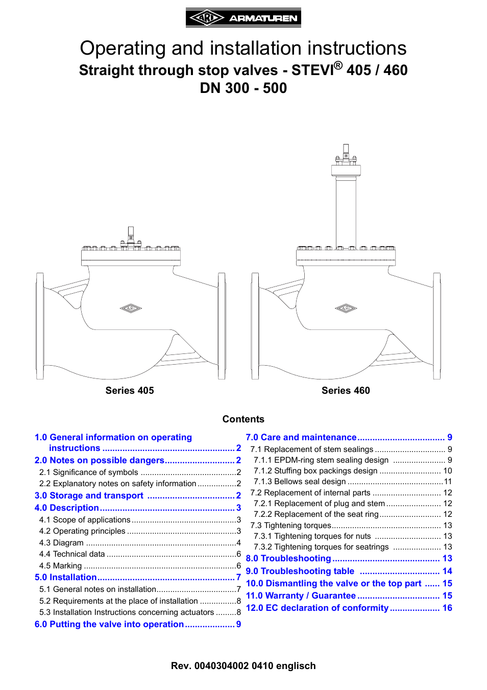 ARI Armaturen STEVI 460 DN 300-500 EN User Manual | 16 pages