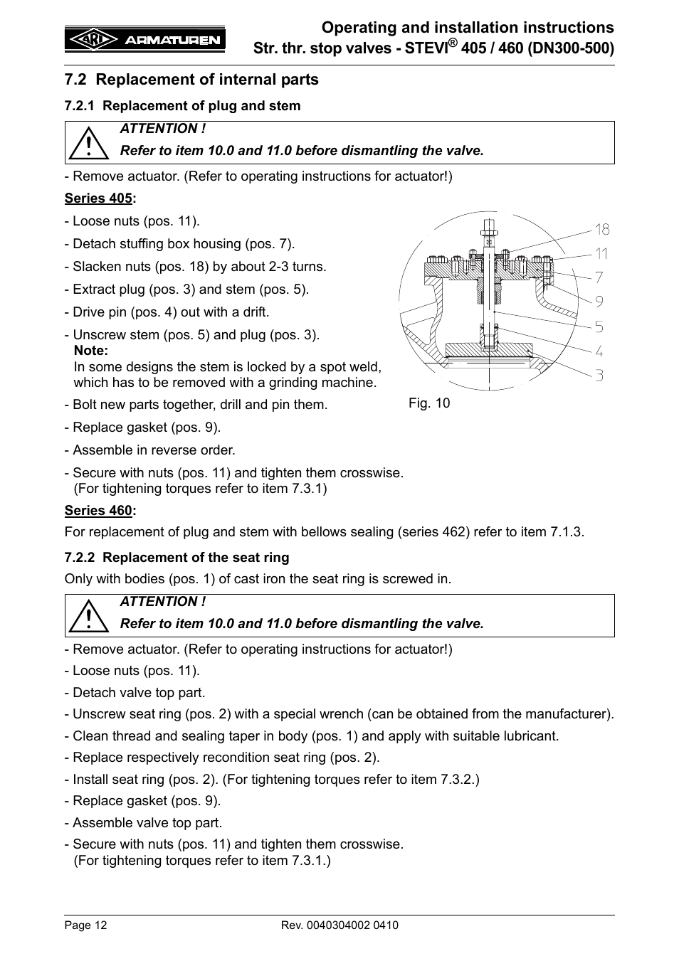 2 replacement of internal parts, 1 replacement of plug and stem, 2 replacement of the seat ring | ARI Armaturen STEVI 460 DN 300-500 EN User Manual | Page 12 / 16