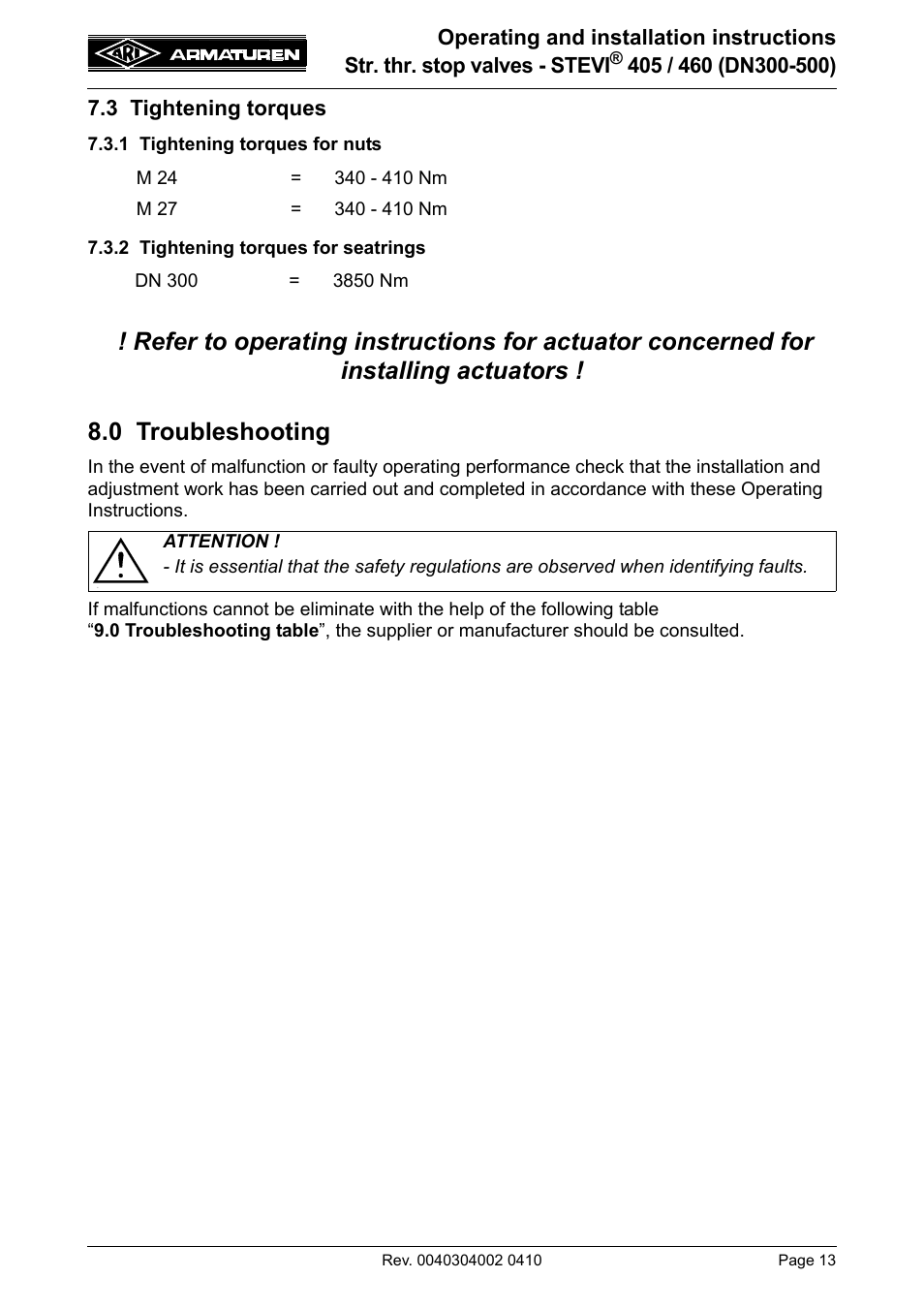 3 tightening torques, 1 tightening torques for nuts, 2 tightening torques for seatrings | 0 troubleshooting, Refer to item 7.3.1), Ues refer to item 7.3.2.), Refer to item 7.3.1.) | ARI Armaturen STEVI 460 DN 300-500 EN User Manual | Page 13 / 16