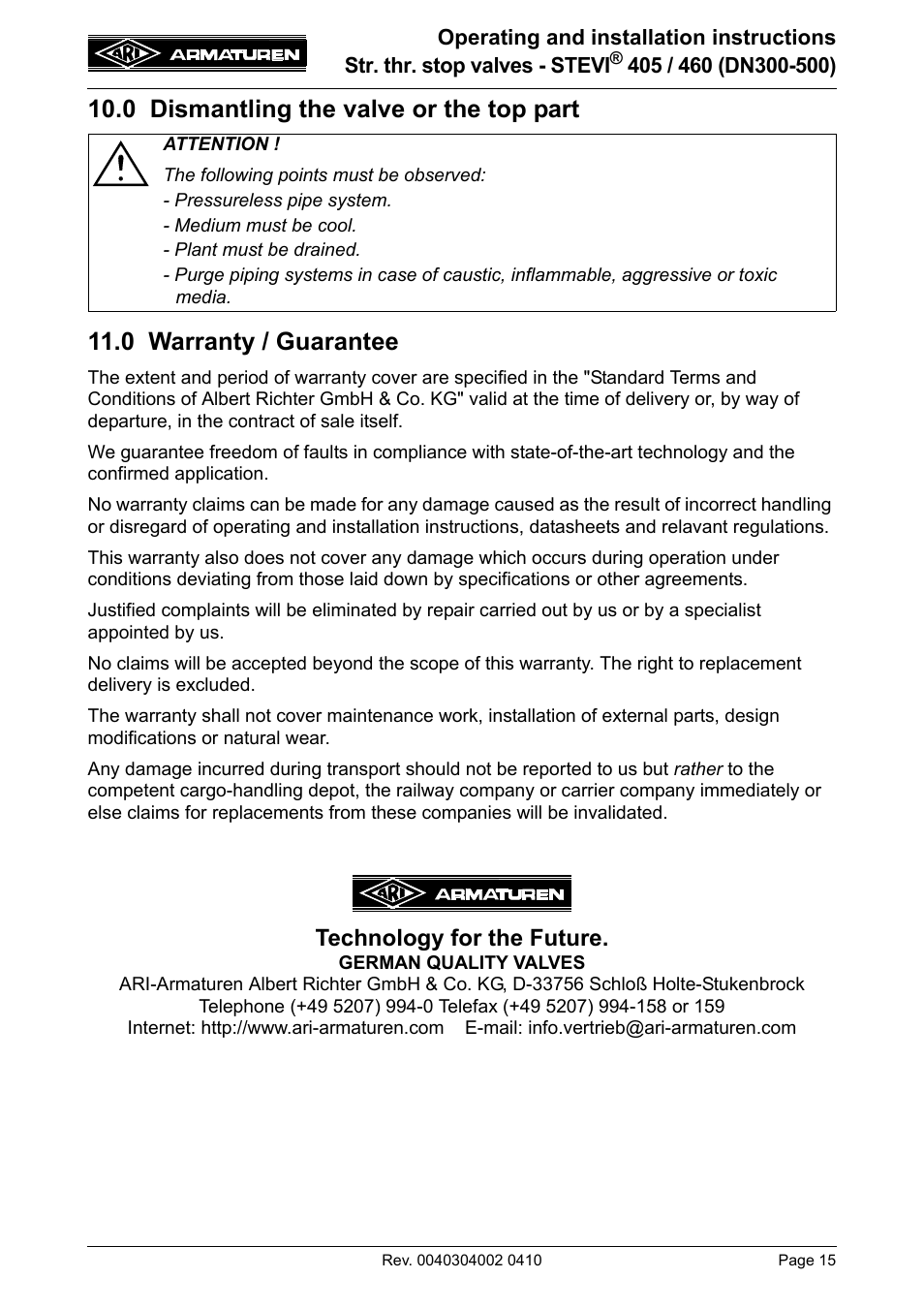 0 dismantling the valve or the top part, 0 warranty / guarantee, Item 10.0 and 11.0 | 0 prior, Technology for the future | ARI Armaturen STEVI 460 DN 300-500 EN User Manual | Page 15 / 16