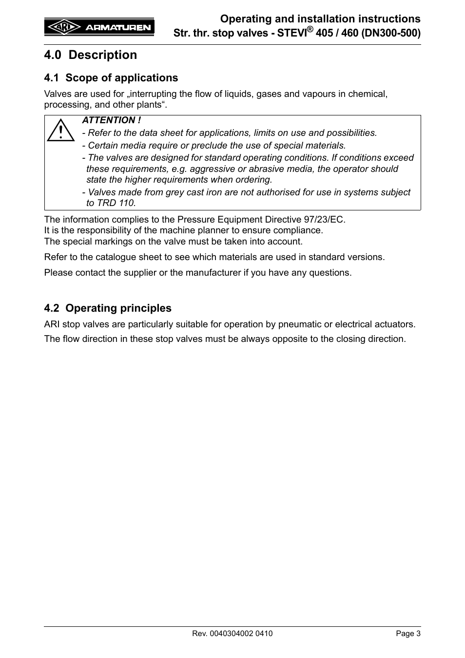 0 description, 1 scope of applications, 2 operating principles | 1 scope of applications 4.2 operating principles | ARI Armaturen STEVI 460 DN 300-500 EN User Manual | Page 3 / 16