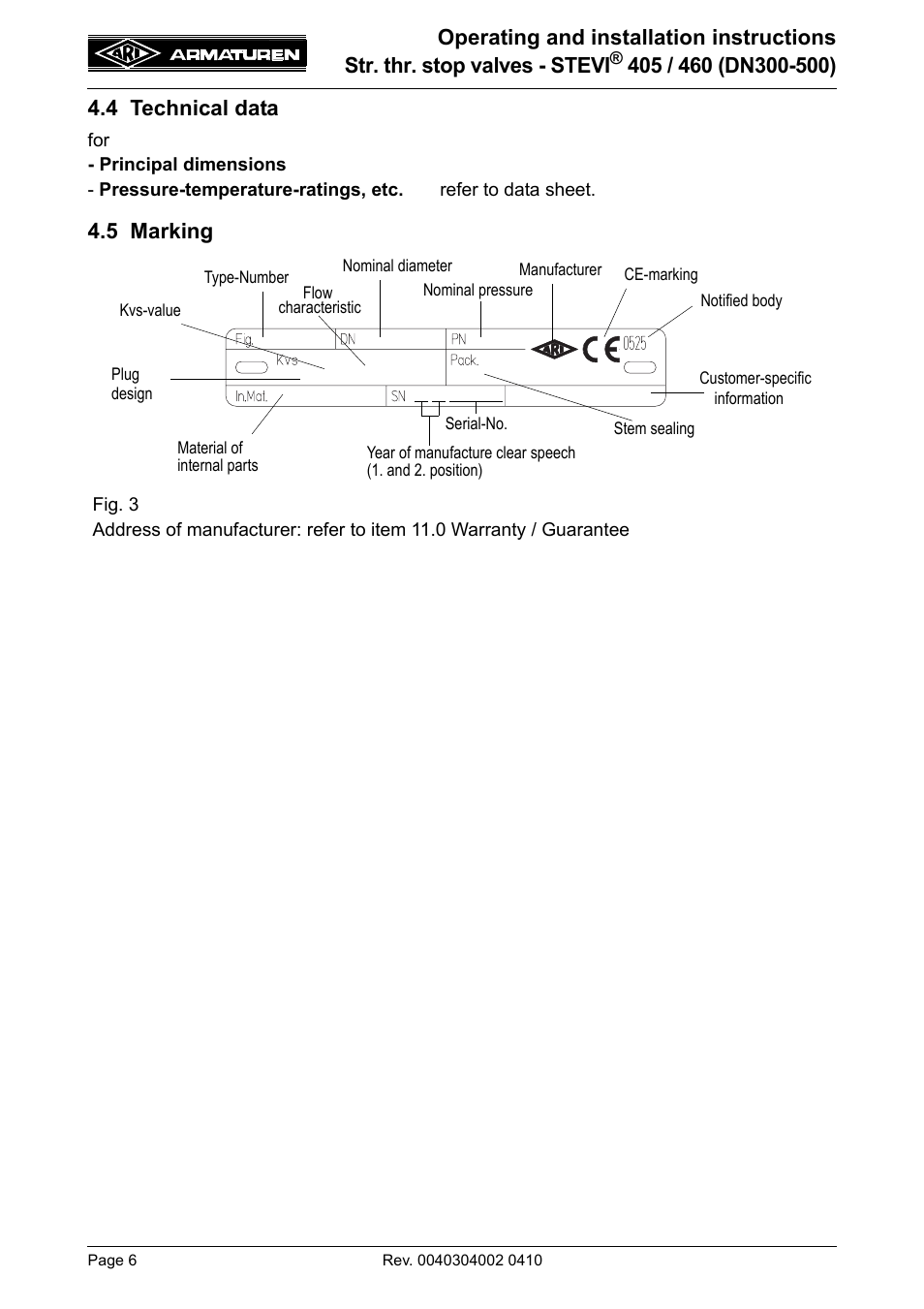 4 technical data, 5 marking, 4 technical data 4.5 marking | ARI Armaturen STEVI 460 DN 300-500 EN User Manual | Page 6 / 16