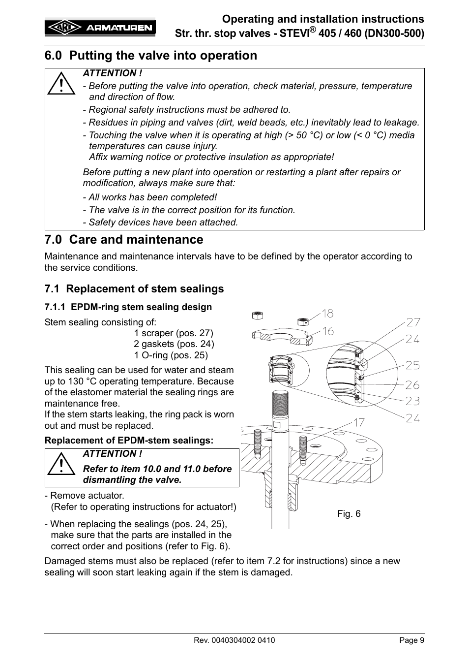 0 putting the valve into operation, 0 care and maintenance, 1 replacement of stem sealings | 1 epdm-ring stem sealing design | ARI Armaturen STEVI 460 DN 300-500 EN User Manual | Page 9 / 16