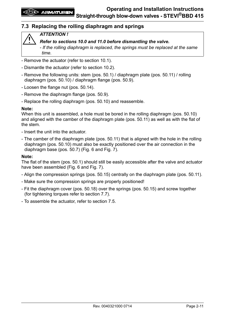 3 replacing the rolling diaphragm and springs, 3 replacing the rolling diaphragm and springs -11 | ARI Armaturen STEVI BBD 415 DN 25-50 EN User Manual | Page 11 / 18