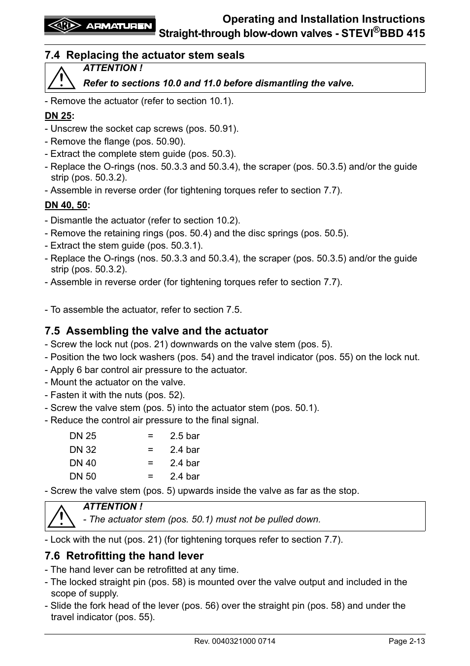 4 replacing the actuator stem seals, 5 assembling the valve and the actuator, 6 retrofitting the hand lever | To section 7.5 | ARI Armaturen STEVI BBD 415 DN 25-50 EN User Manual | Page 13 / 18