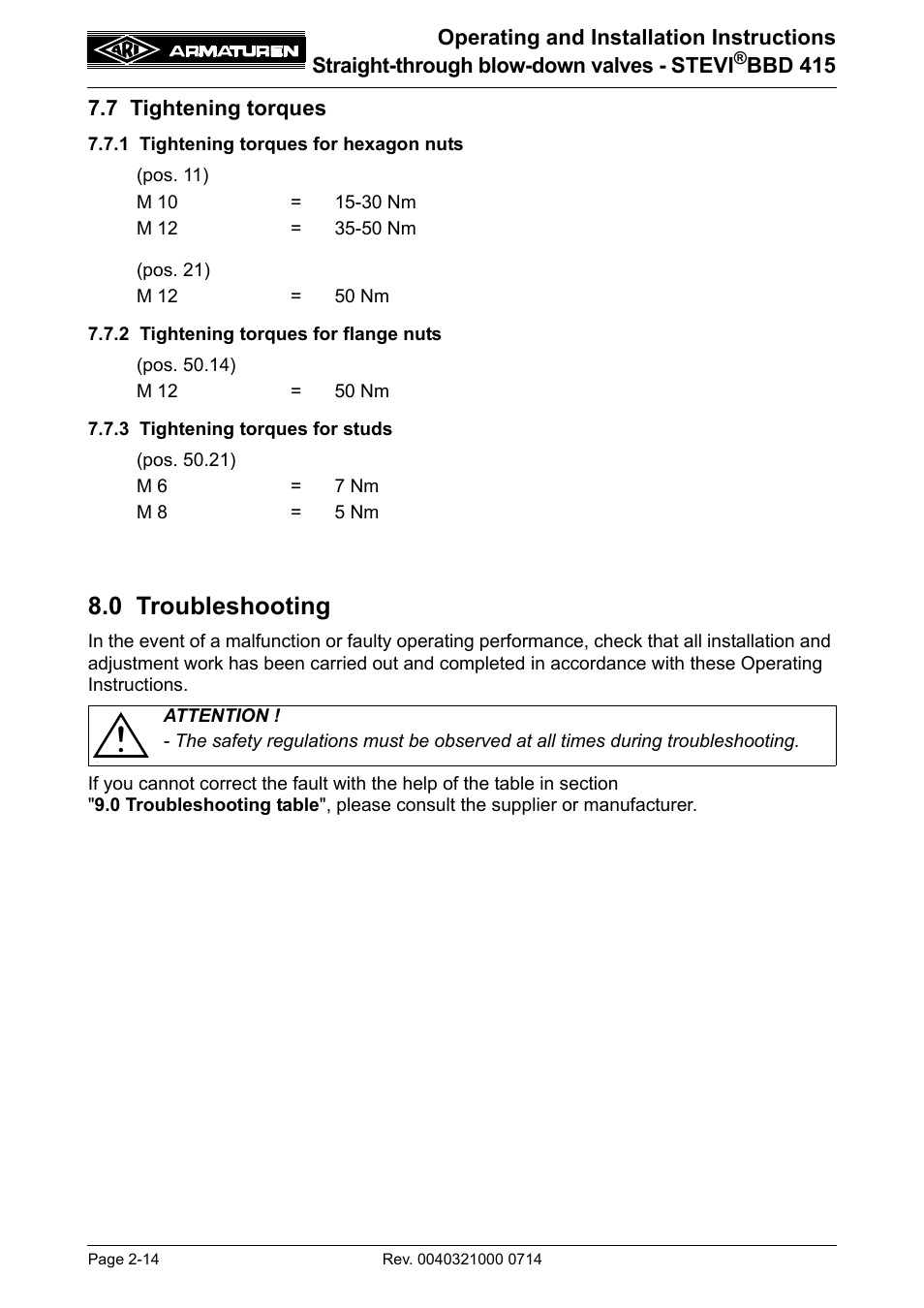 7 tightening torques, 1 tightening torques for hexagon nuts, 2 tightening torques for flange nuts | 3 tightening torques for studs, 0 troubleshooting, 7 tightening torques -14, 0 troubleshooting -14, Refer to section 7.7), Ening torques refer to section 7.7) | ARI Armaturen STEVI BBD 415 DN 25-50 EN User Manual | Page 14 / 18