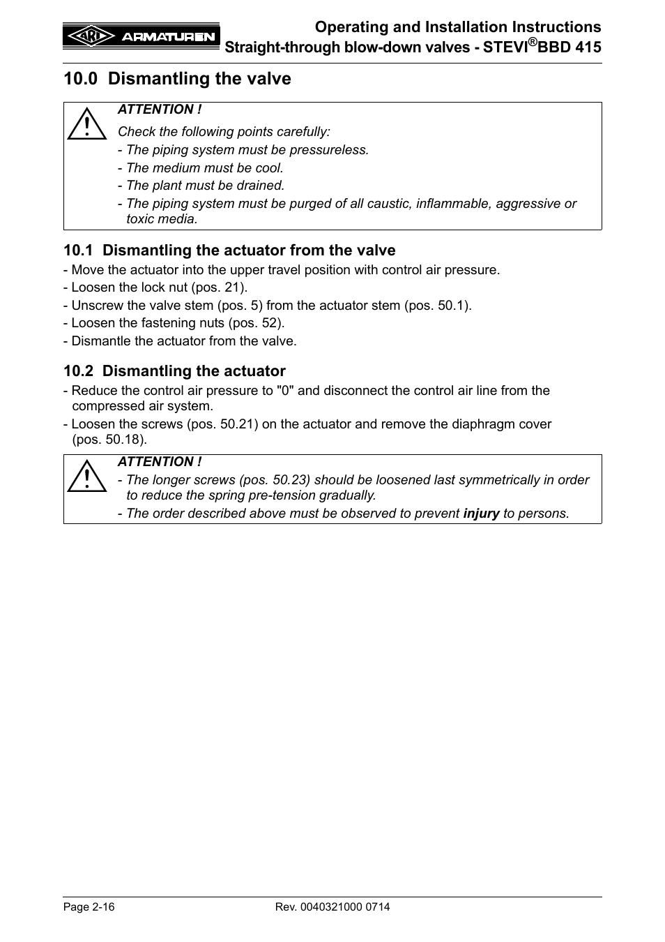 0 dismantling the valve, 1 dismantling the actuator from the valve, 2 dismantling the actuator | 0 dismantling the valve -16, Efer to section 10.1), Tuator (refer to section 10.2), Ns 10.0 and 1 | ARI Armaturen STEVI BBD 415 DN 25-50 EN User Manual | Page 16 / 18
