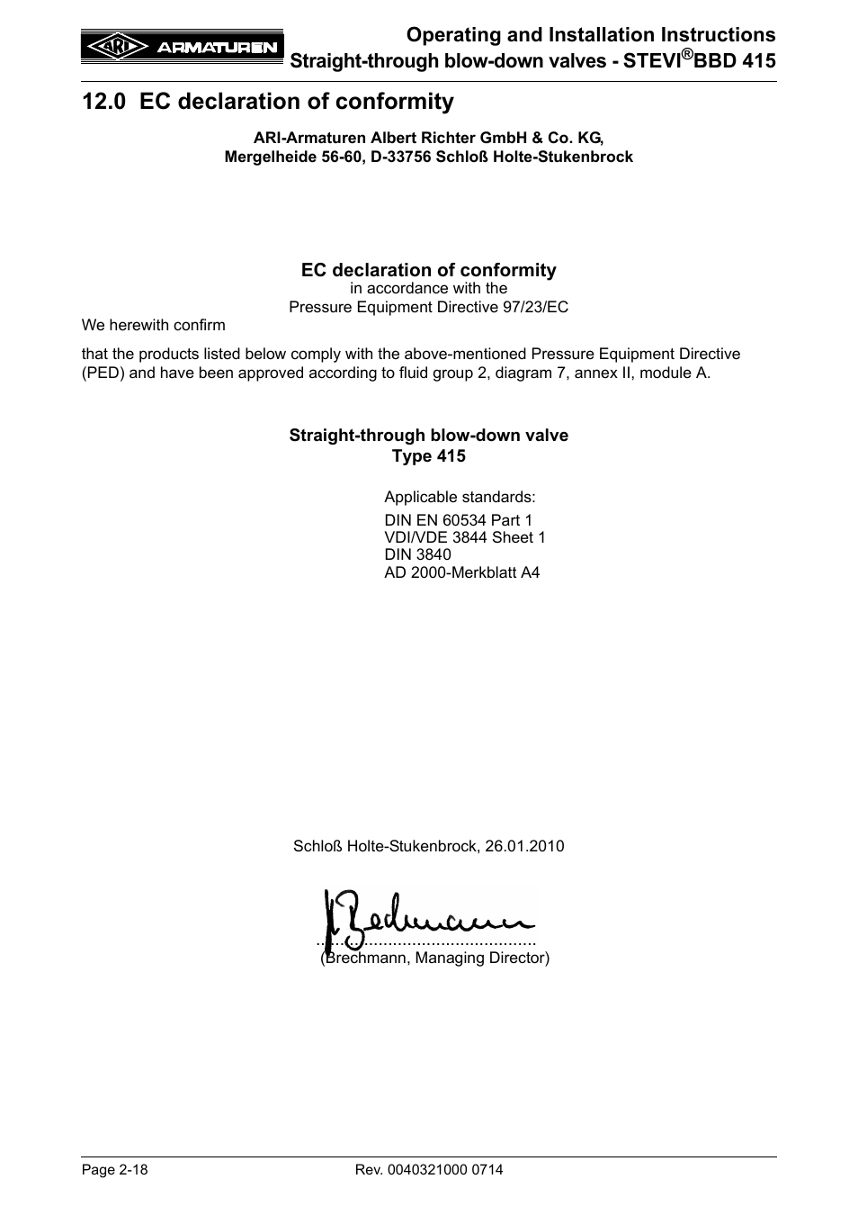 0 ec declaration of conformity, 0 ec declaration of conformity -18, Bbd 415 | ARI Armaturen STEVI BBD 415 DN 25-50 EN User Manual | Page 18 / 18