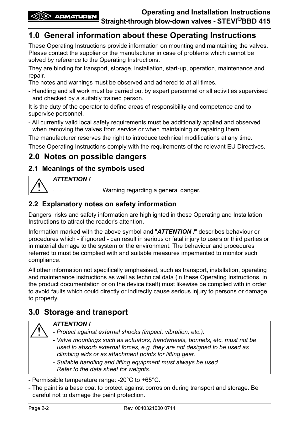 0 notes on possible dangers, 1 meanings of the symbols used, 2 explanatory notes on safety information | 0 storage and transport, 0 general information about these, Operating instructions -2, 0 notes on possible dangers -2, 0 storage and transport -2 | ARI Armaturen STEVI BBD 415 DN 25-50 EN User Manual | Page 2 / 18