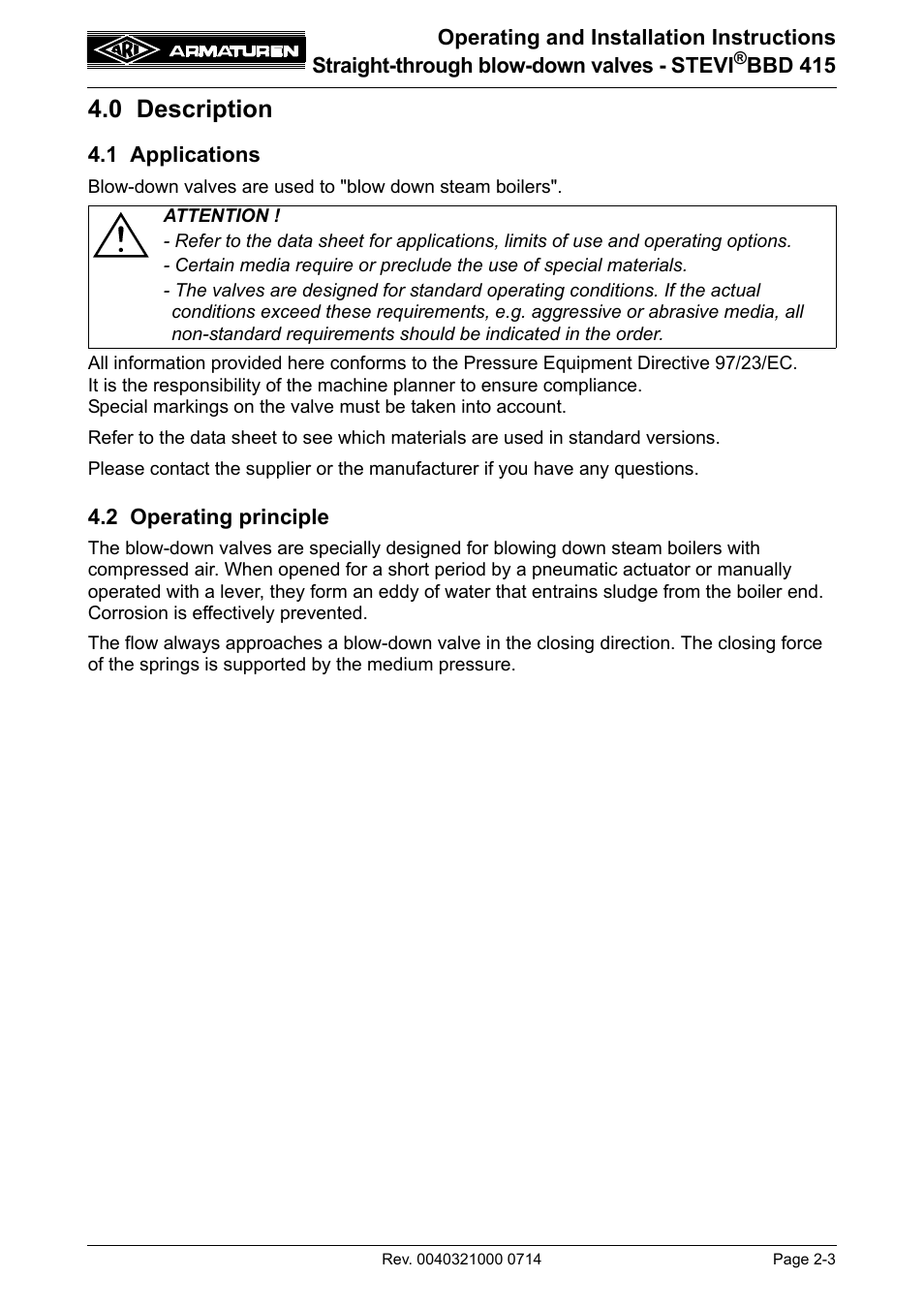 0 description, 1 applications, 2 operating principle | 0 description -3, 1 applications -3 4.2 operating principle -3 | ARI Armaturen STEVI BBD 415 DN 25-50 EN User Manual | Page 3 / 18