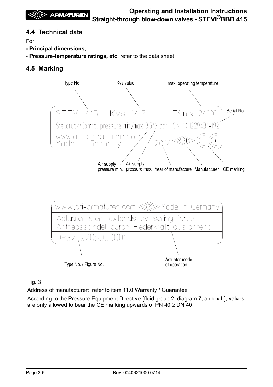 4 technical data, 5 marking, 4 technical data -6 4.5 marking -6 | ARI Armaturen STEVI BBD 415 DN 25-50 EN User Manual | Page 6 / 18