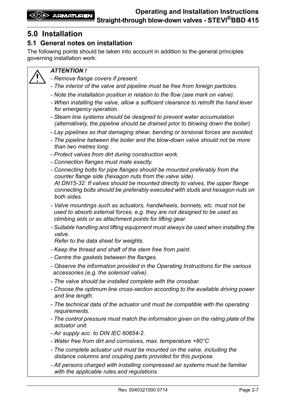 0 installation, 1 general notes on installation, 0 installation -7 | 1 general notes on installation -7 | ARI Armaturen STEVI BBD 415 DN 25-50 EN User Manual | Page 7 / 18